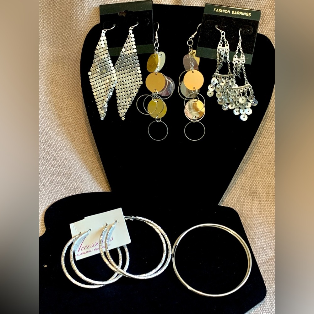 Lot of 6 pairs of fashion earrings silver tone big hoops long dangle sparkly